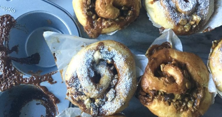Browned Butter Brioche Scrolls with Tahini Caramel, Pistachios, Halva, and Dark Chocolate