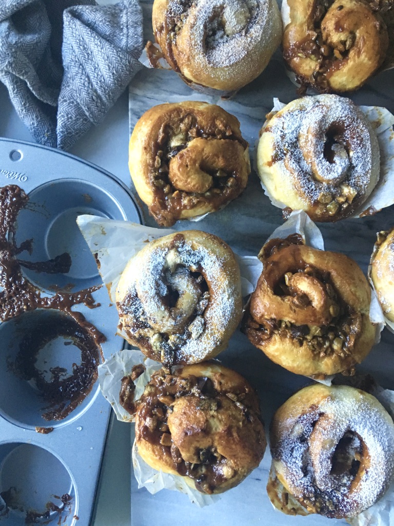 Browned Butter Brioche Scrolls with Tahini Caramel, Pistachios, Halva, and Dark Chocolate