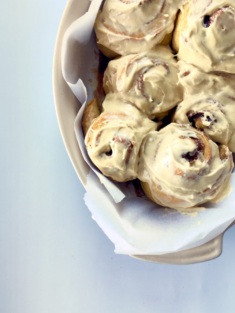 Carrot cake cinnamon rolls, maple-tahni cream cheese icing.