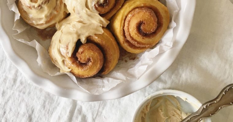 “Carrot Cake” Cinnamon Rolls with Maple-Tahini Cream Cheese Icing