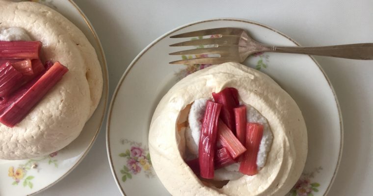 Mini Pavlovas with Rhubarb, Kaffir Lime, and Coconut Cream