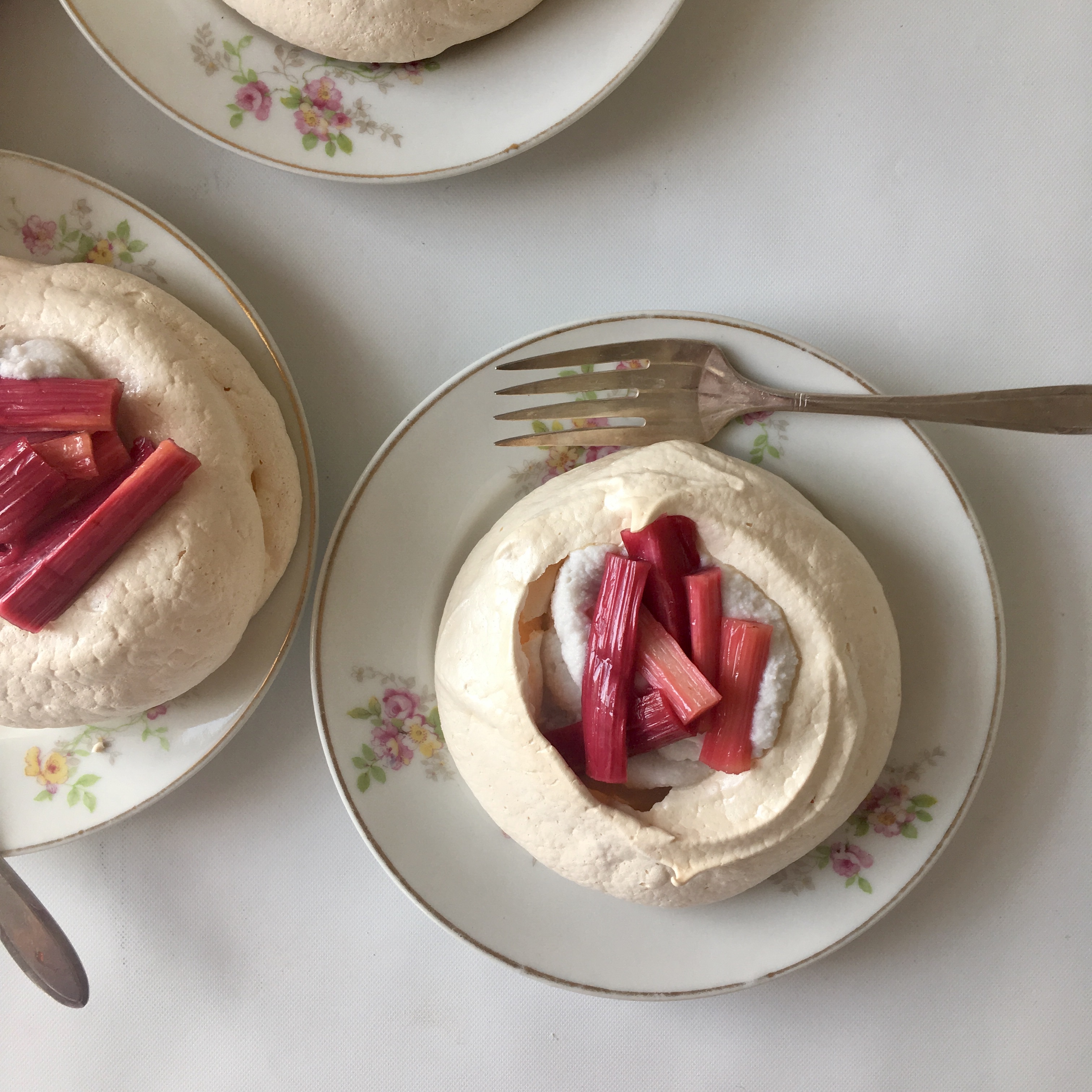 Mini Pavlovas with Rhubarb, Kaffir Lime, and Coconut Cream