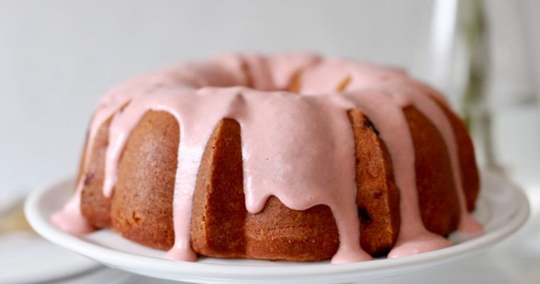 Strawberry-Rhubarb Buttermilk Bundt with Rhubarb Cream Cheese Glaze