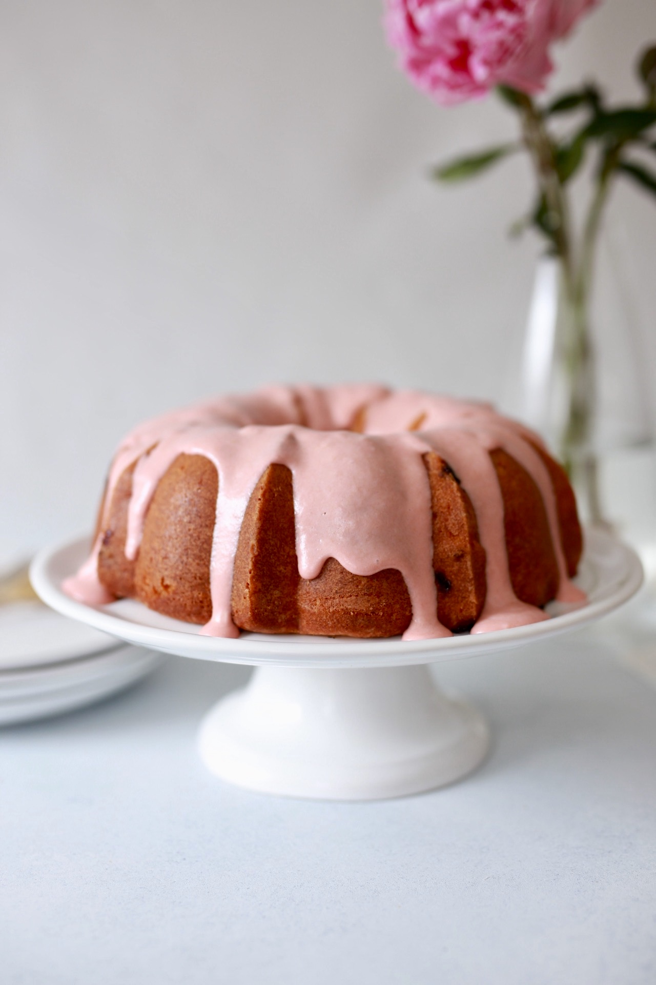 Strawberry-Rhubarb Buttermilk Bundt with Rhubarb Cream Cheese Glaze