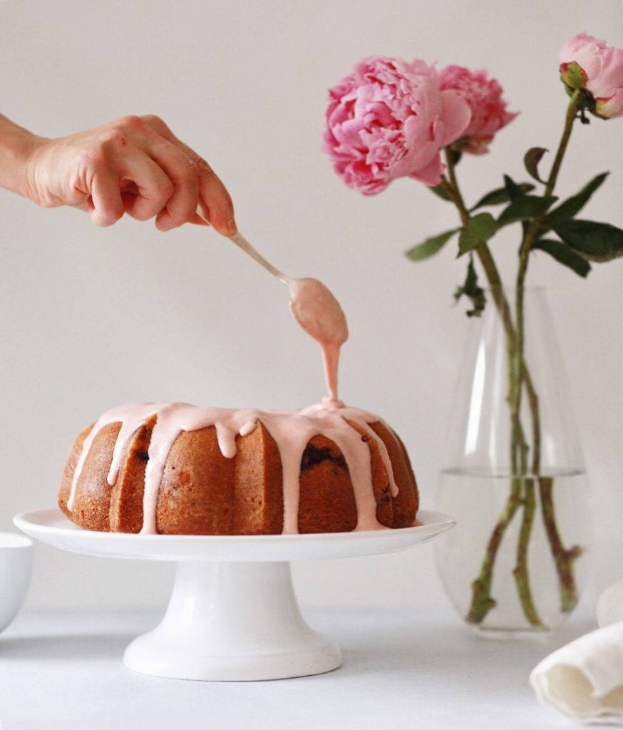 strawberry rhubarb buttermilk bundt with rhubarb cream cheese glaze