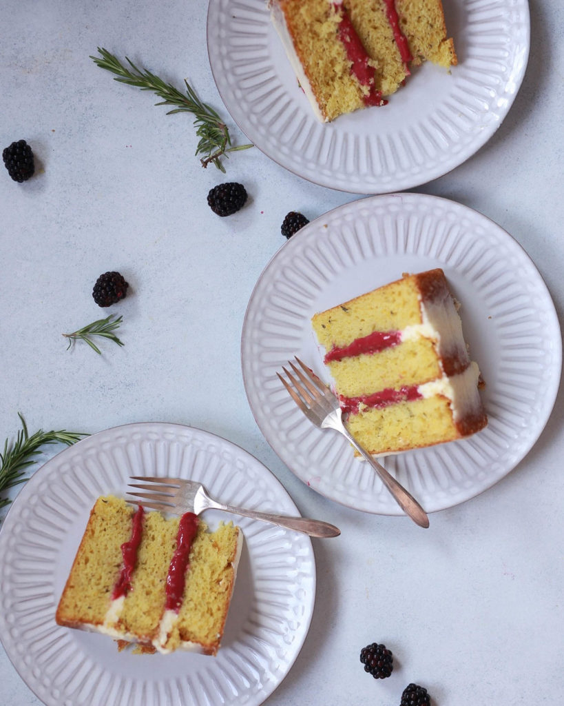 Lemon rosemary olive oil cake with blackberry curd and mascarpone buttercream