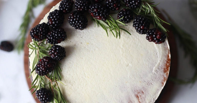 Lemon Rosemary Olive Oil Cake with Blackberry Curd and Mascarpone Buttercream