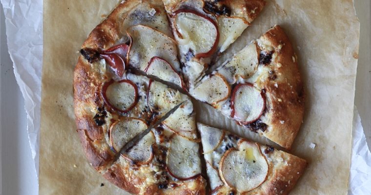 Pear, Manchego, and Caramelized Onion Pizza with Sourdough Discard Crust
