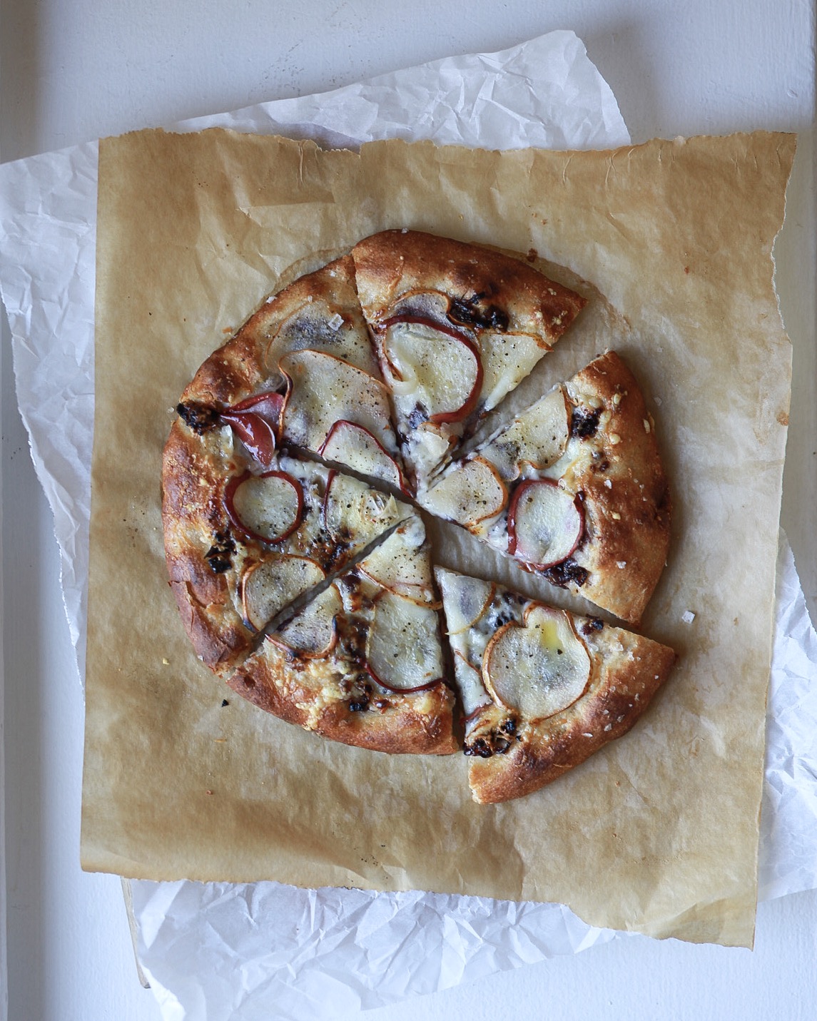 Pear, Manchego, and Caramelized Onion Pizza with Sourdough Discard Crust