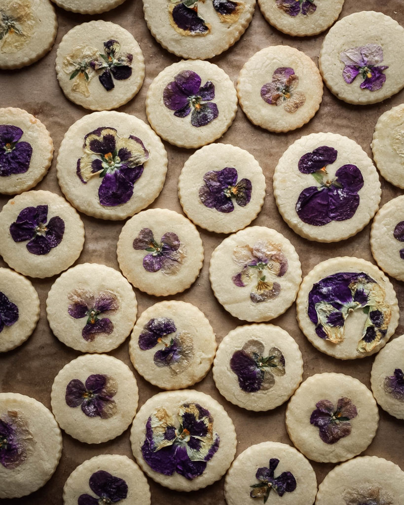 orange blossom shortbread cookies with edible flowers